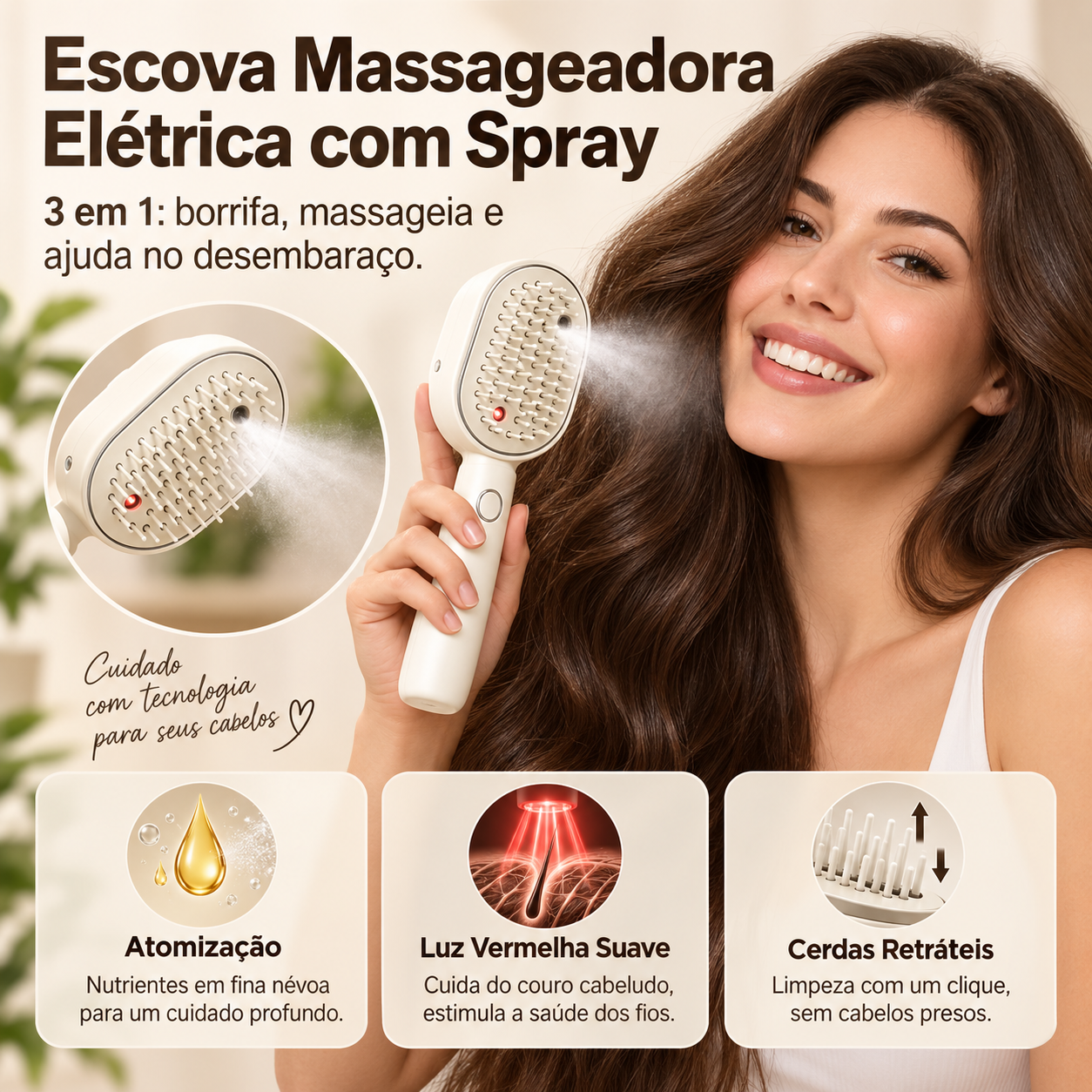 Escova Massageadora Elétrica 3 em 1